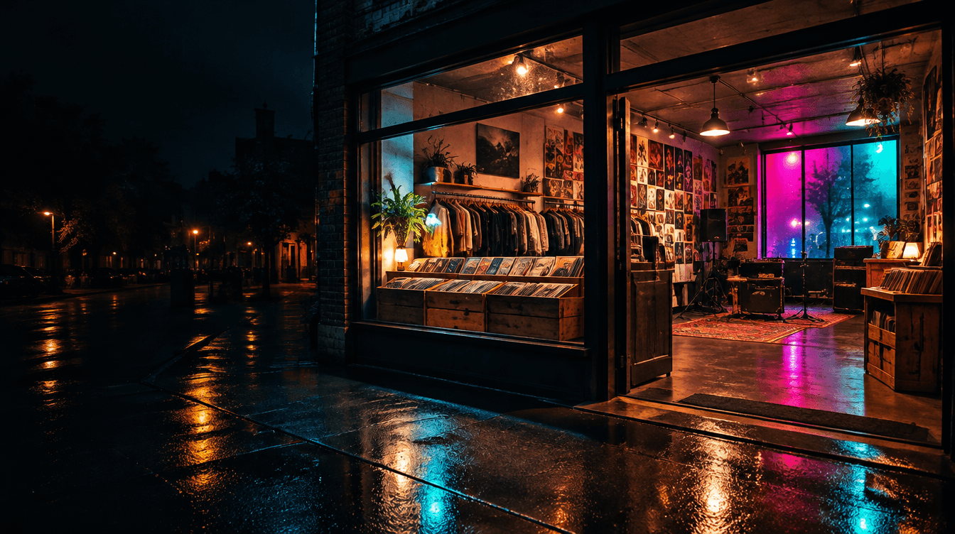 Independent culture storefront glowing at night after rain
