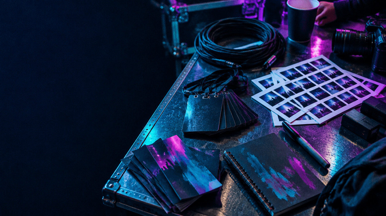 Backstage production table with contact sheets, passes, cables, and creative notes