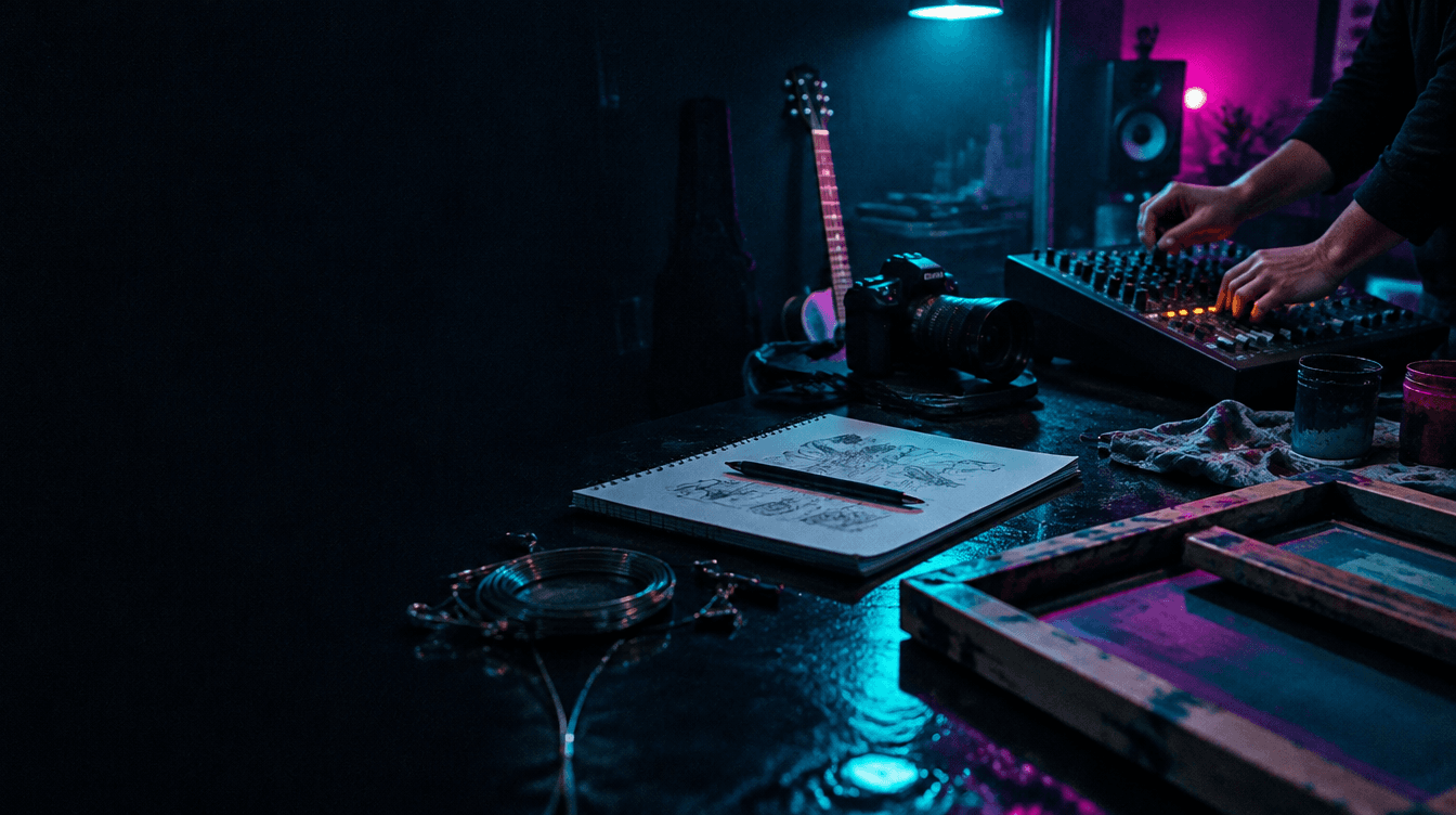 Hands working across music, photography, and printmaking tools in a creator studio