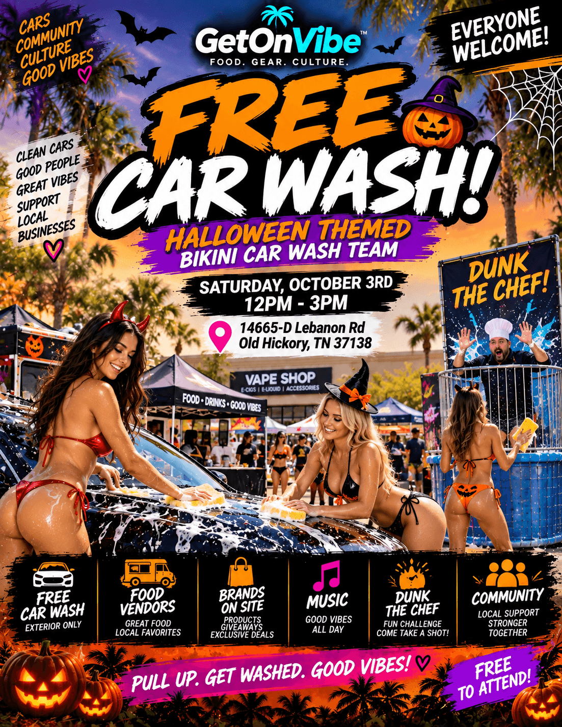 Official October 3 GetOnVibe Halloween car wash event flyer